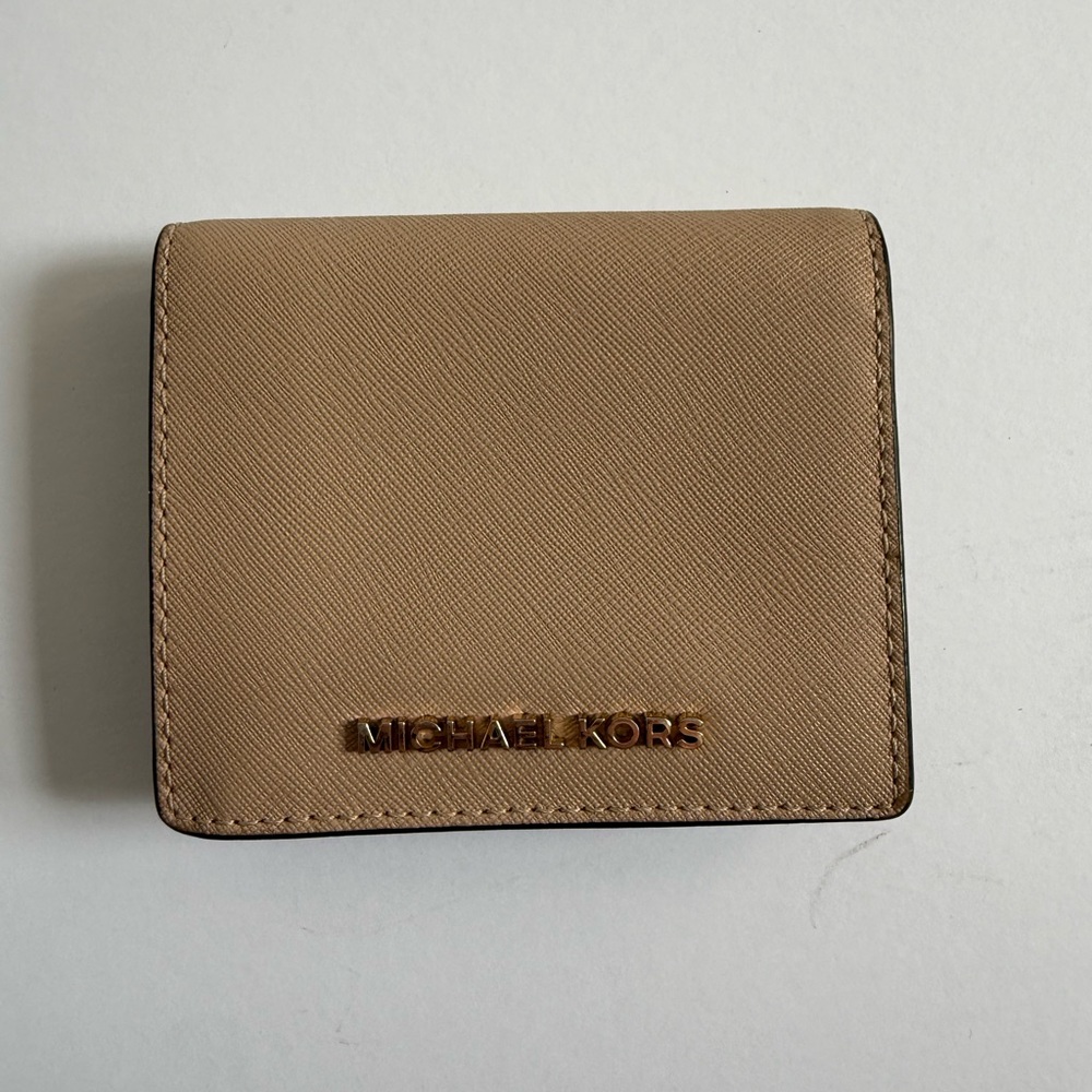 Michael Kors Beige Saffiano Leather Card Wallet with Gold Snap